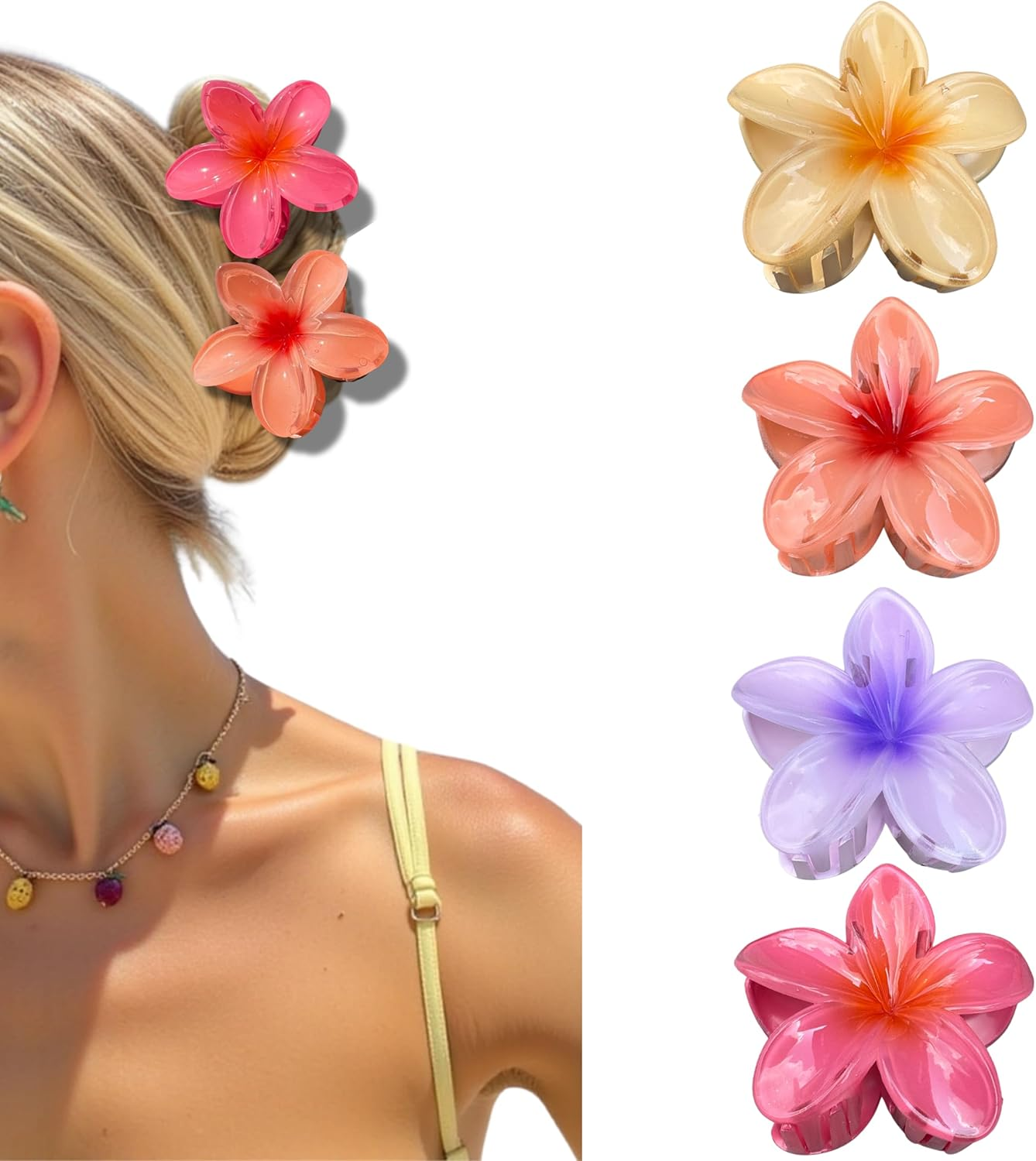 Luvearo 4Pc Nonslip Matte Flower Hair Clips for Women Thick/Thin Hair Accessories for Women Neutral Flower Cute Claw Clips Variety Pack Plumeria Hair Clip