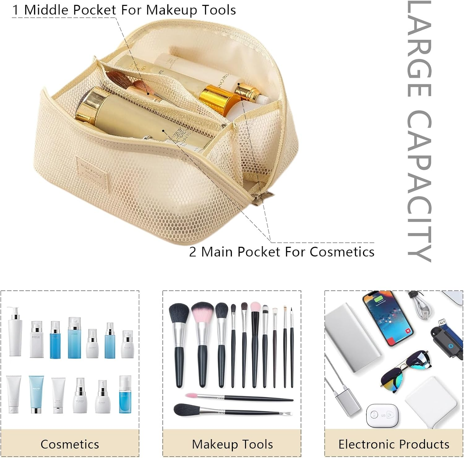 Zaciea Portable Cosmetic Makeup Pouch Bag for Women, Travel Toiletry Bag with Handle and Divider (White) image number 3