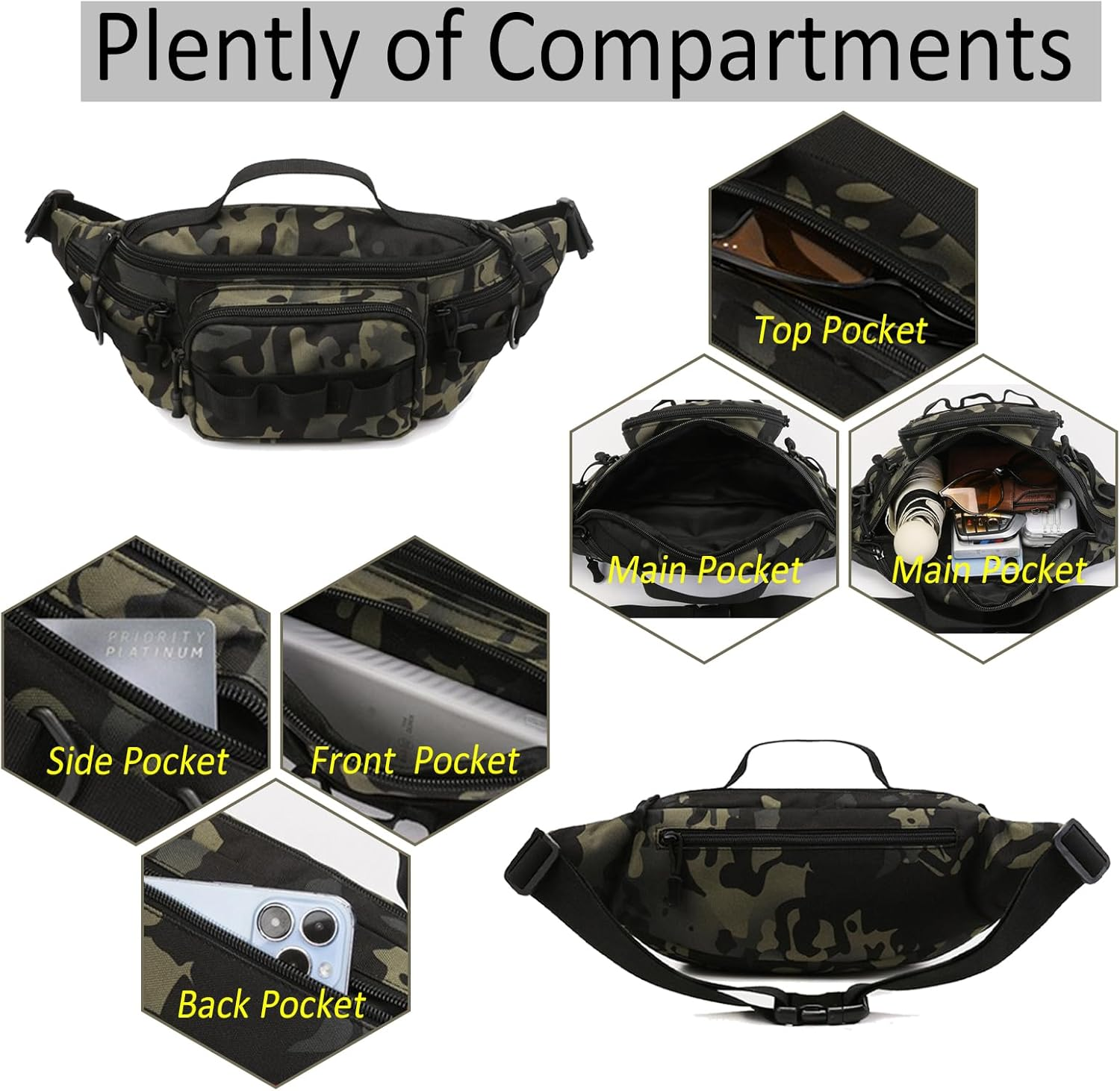 Tactical Fanny Pack, Water-Resistant Military Waist Bag for Outdoor Fishing, Hiking, Climbing - Small Tackle Storage Pack with 2 Mini Carabiners, Tan - Gray Camo image number 3