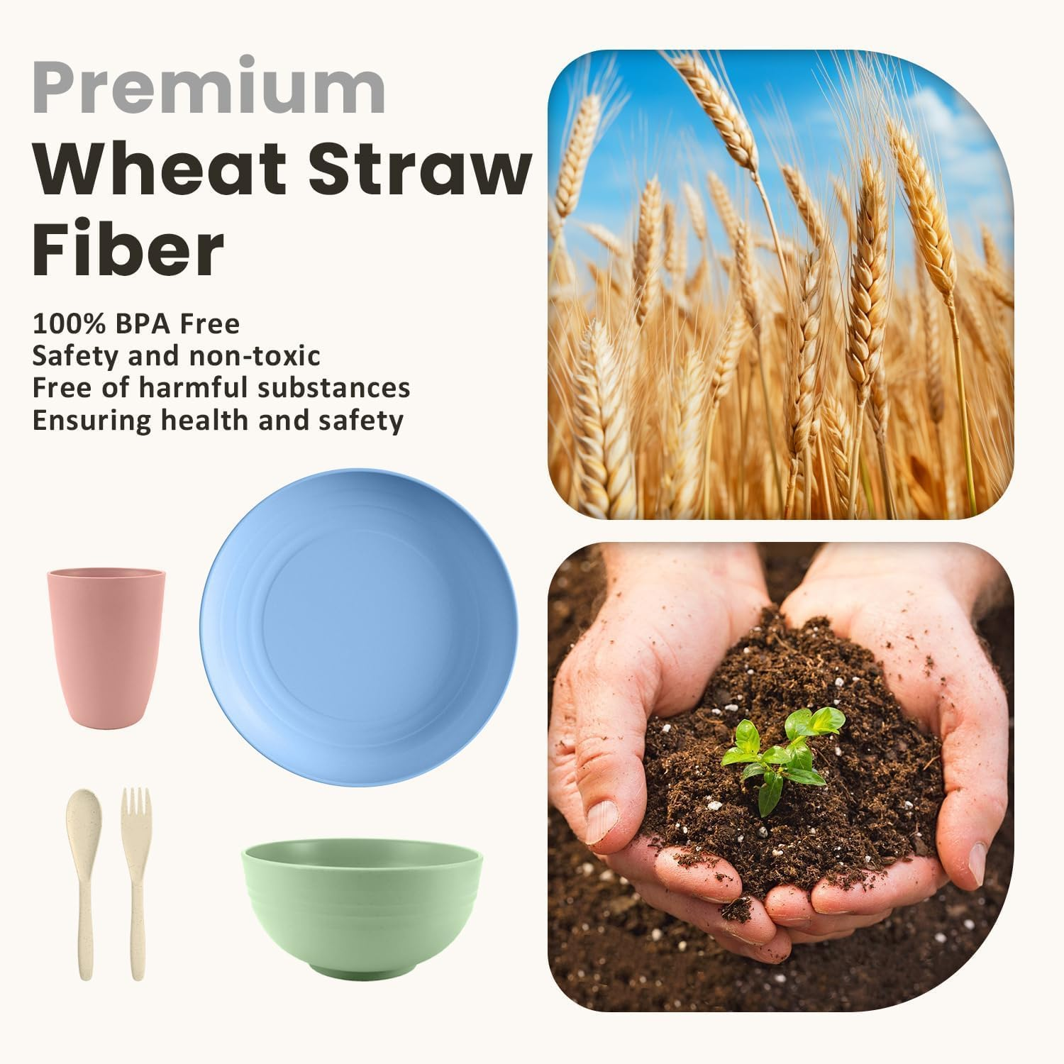 Wheat Straw Dinnerware Sets for 6, 42 Pcs Lightweight & Unbreakable Dishes, Microwave & Dishwasher Safe, Eco Friendly, for Camping, Picnic, RV, Dorm, Apartment,Plates, Cups and Bowls for Kids & Adults image number 2