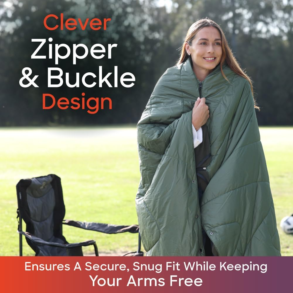 Sash & Bloom Heated Blanket - Olive - Portable Outdoor Heated Blanket with Zip and Buckles for Lounging and Wearing image number 5