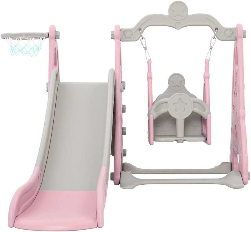 Keezi Kids Slide Swing Set with Basketball Hoop, 3 in 1 Climbing Frame Cubby House Toddler Fold up Cardboard Slides Playground Outdoor Indoor Activity Sports Center Gym, Ball Pump Pink - Blue image number 2