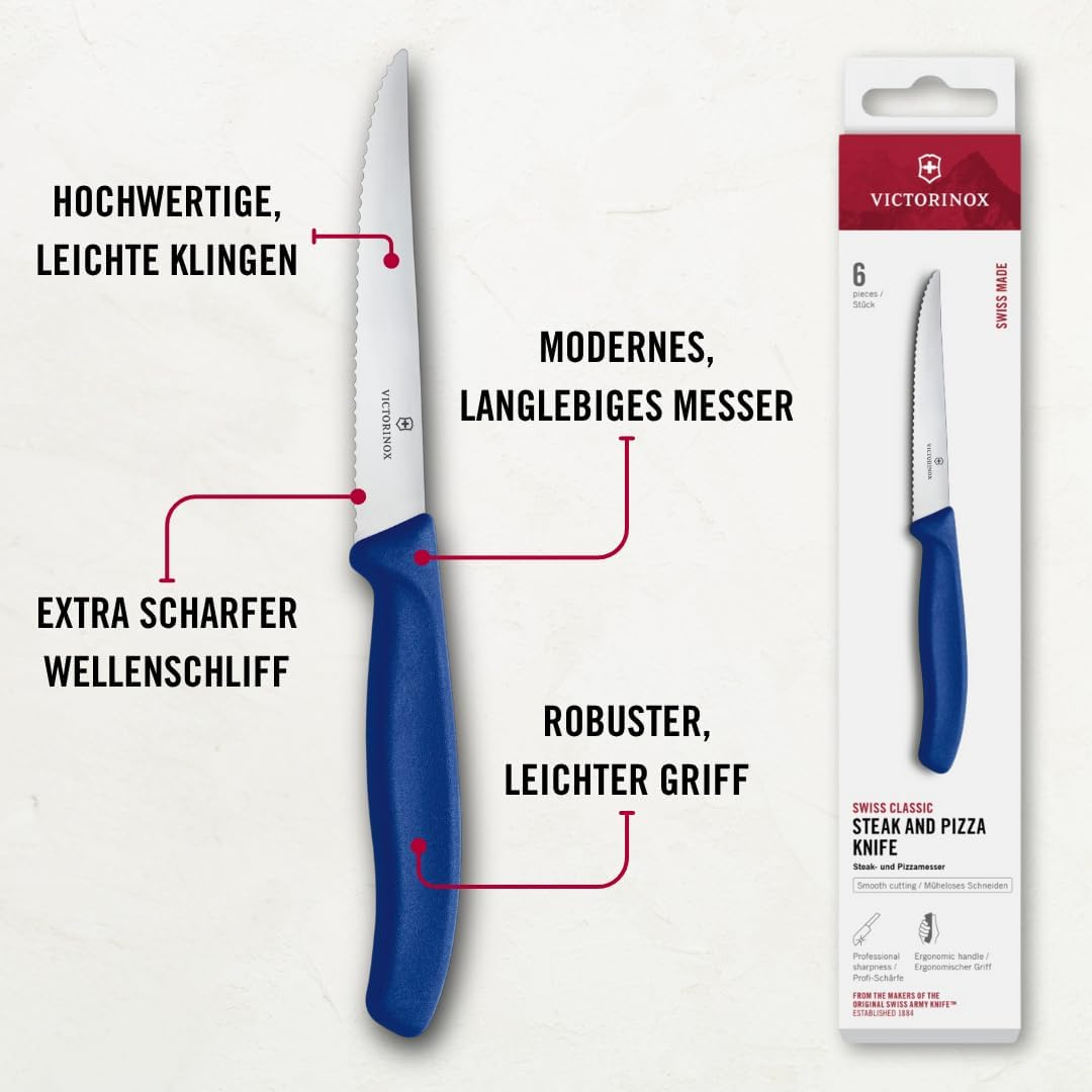 Victorinox Swiss Classic Steak & Pizza Knife, 6 Piece Set, Wavy Edge 11Cm - Blue image number 1