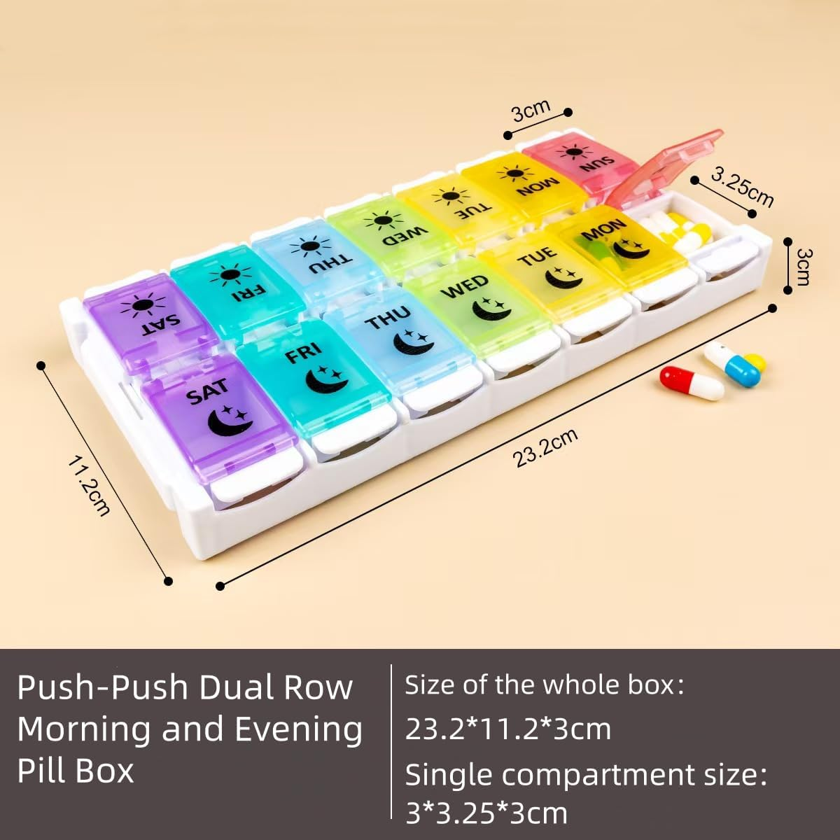 Weekly Pill Organiser, 2 Times a Day Easy to Fill 7 Days Pill Box, Pill Box with Simple Button Design for Pills/Vitamins/Fish Oil/Supplements,Coloured&hellip; image number 6