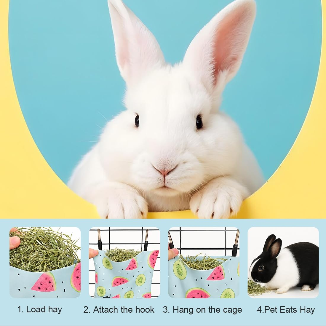 GGUFAY Rabbit Hay Bag, Guinea Pig Feeding Station, Feeder Small Animals, 2 Holes Hanging Hay Bag, Small Animals Hay Bag, Feeding Bag for Rabbit, Chinchilla, Hamster, Small Animals