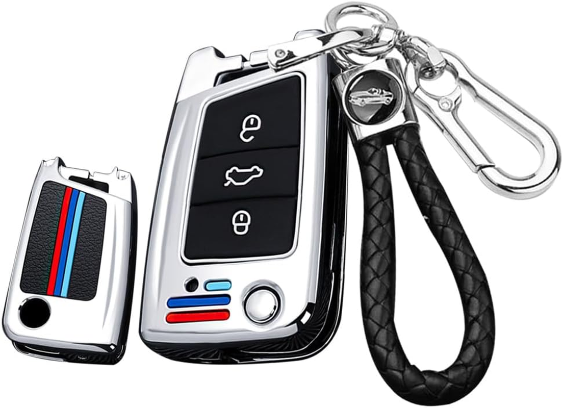 Ontto Metal Car Key Fob Cover Fit for VW Polo Golf 7 MK7 Tiguan Octavia Kodiaq Karoq Ateca Leon Flip Key Case Keyring Key Shell Holder Bag Keychain Protector Accessories Silver B image number 6