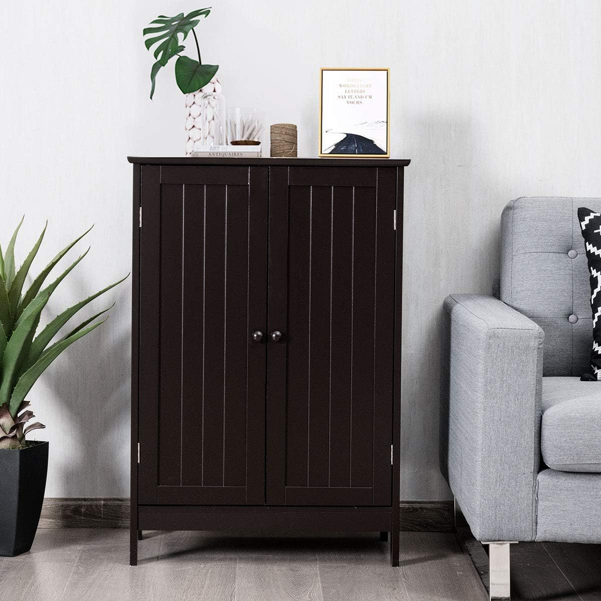 Bathroom Floor Cabinet W/ Double Doors, Floor Storage Cabinet W/ Shelf Free Standing Home Furniture Storage, Toilet Storage Unit, Laundry Cupboard, Entryway Utility Organizer Cabinet, for Bathroom & Bedroom& Living Room &Kitchen &Entrance (Brown) - Brown image number 3
