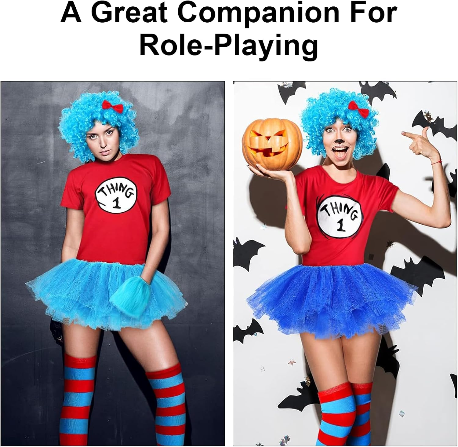 2 Pcs Blue Afro Wigs for Thing 1 & Thing 2 Cosplay &ndash; Curly Funky Costume Wig Set for Reading Week, Halloween, School Book Character Parade, Crazy Hair Day & Party Accessories image number 6