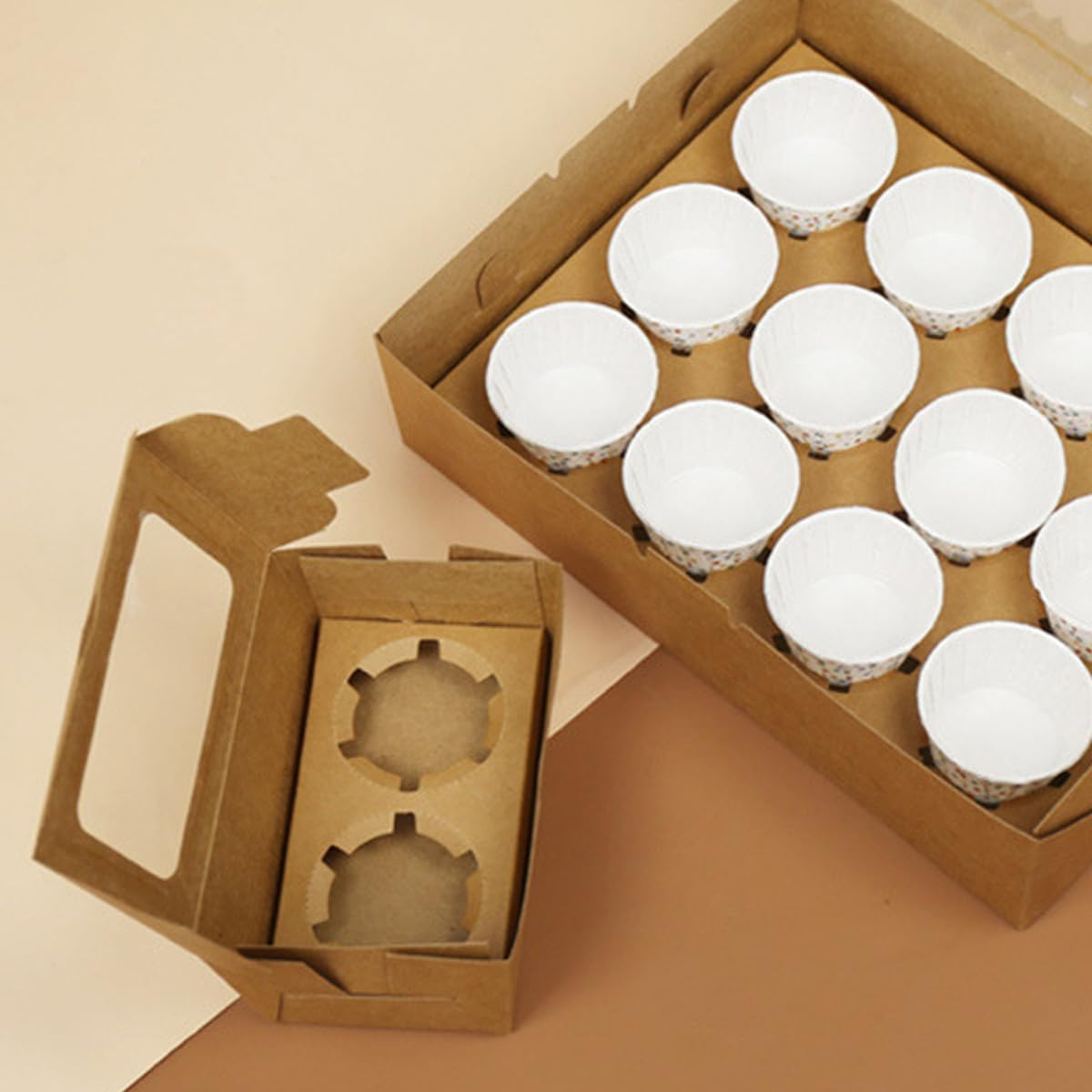 AIMALL 25Pcs Kraft Paper Cupcake Boxes with Window, 1/2/4/6/8/12 Cupcake Capacity, Maffen Packing Box for Desserts - 1 Hole image number 2