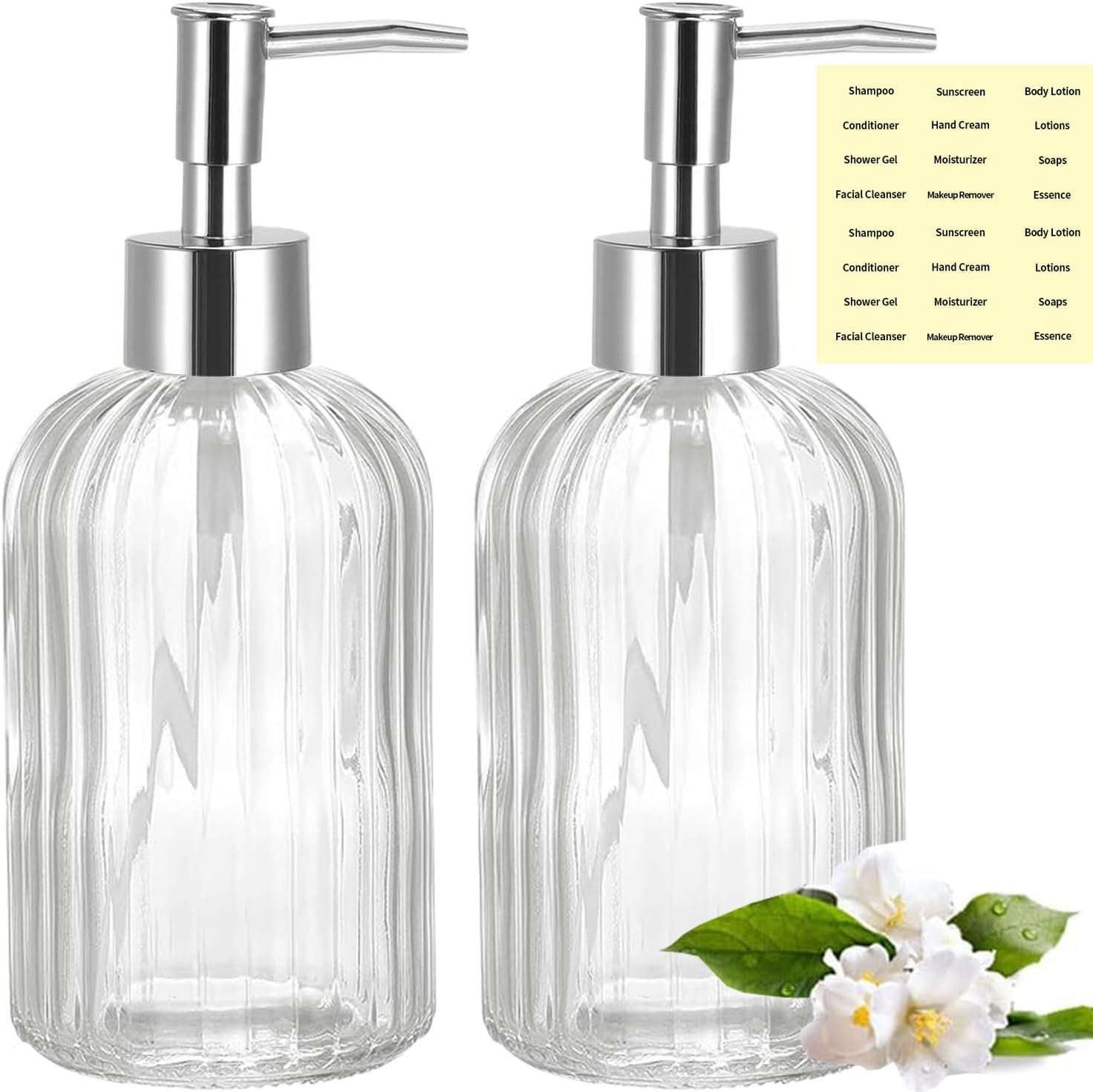Clear Glass Soap Dispenser (2 Pack 400ML) Refillable Hand Soap Dispenser Vertical - Stripe Bathroom & Kitchen Dispensing Containers (Transparent) image number 4