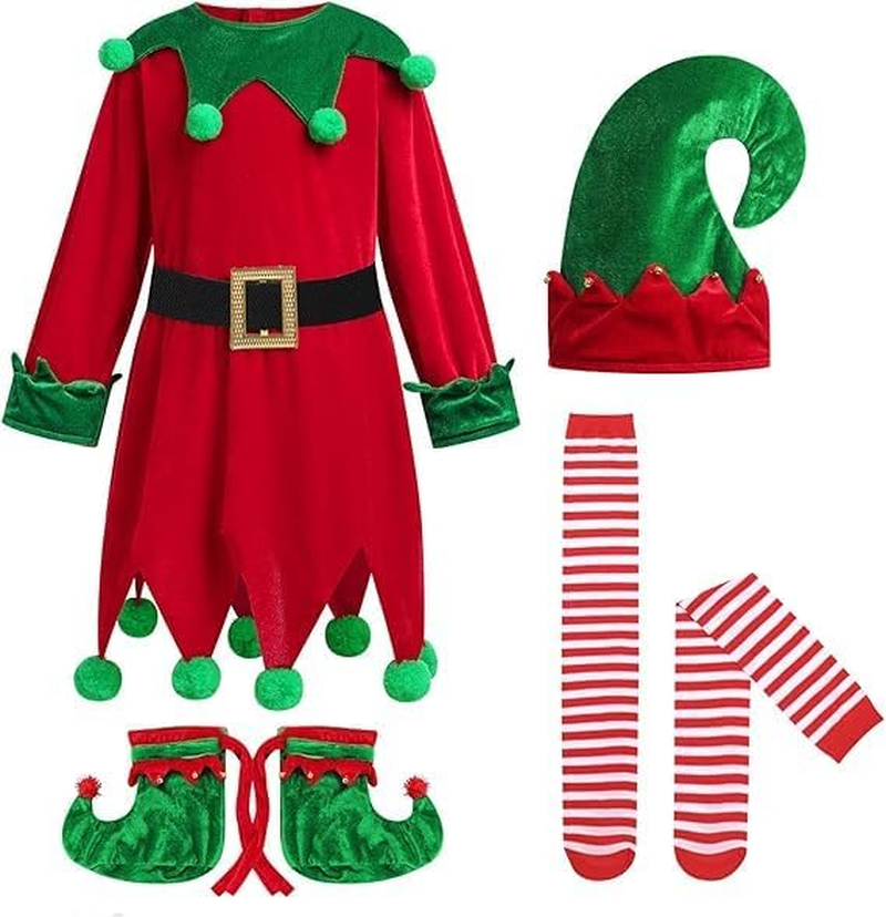 Kids Elf Costume, Girls Boys Christmas Elf Costume with Hat Socks Shoes Cover Velvet Cosplay Santa'S Helper Costume Xmas Outfit image number 4