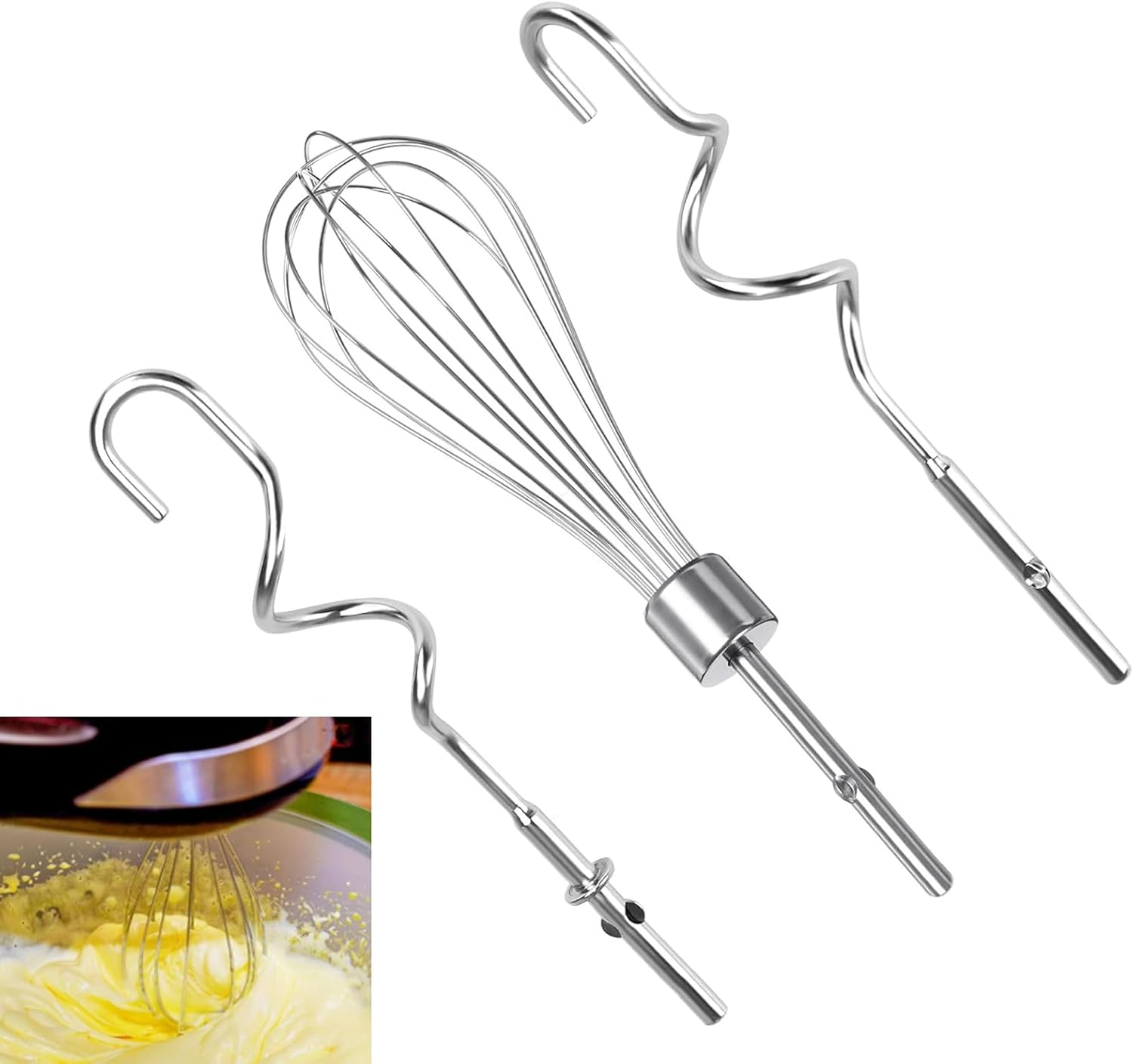 Stainless Steel Mixer Attachments Set - Includes Beaters, Dough Hooks & Whisk for Kitchenaid & Hand Mixers - Ideal Kitchen Accessory for Effortless Mixing, Blending and Whisking - 3 Piece Set image number 6