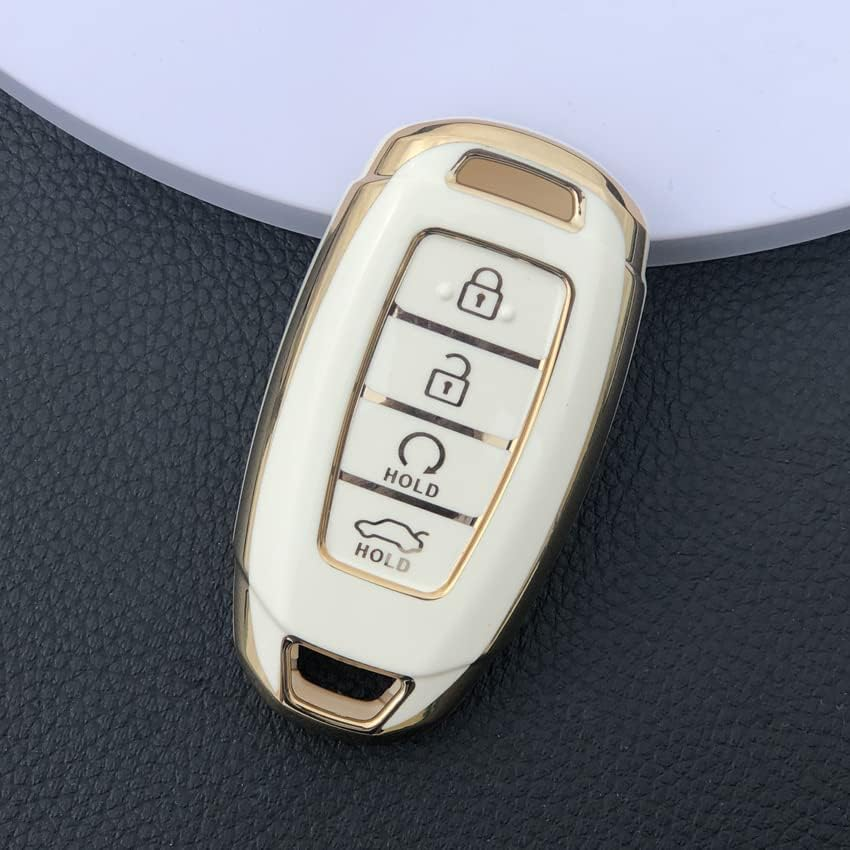 HIBEYO Key Fob Cover for 2018 2019 2020 2021 2022 Hyundai Santa Fe Venue Kona Veloster Palisade Elantra GT Accessories with Keychians Key Case Shell Soft TPU 4 Button-White - Black image number 3