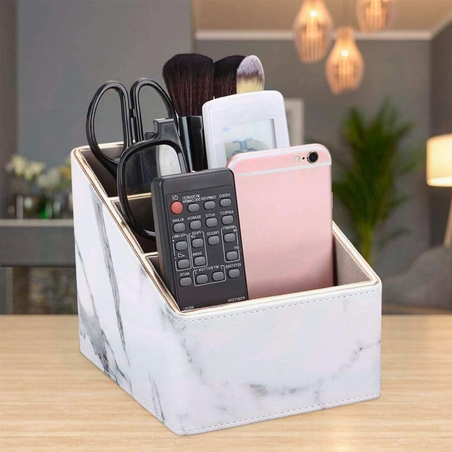 YIRANJIA 3-Compartment PU Leather Remote Control Holder Box | Sleek Organizer for TV, DVD, and Game Controllers (White) image number 2