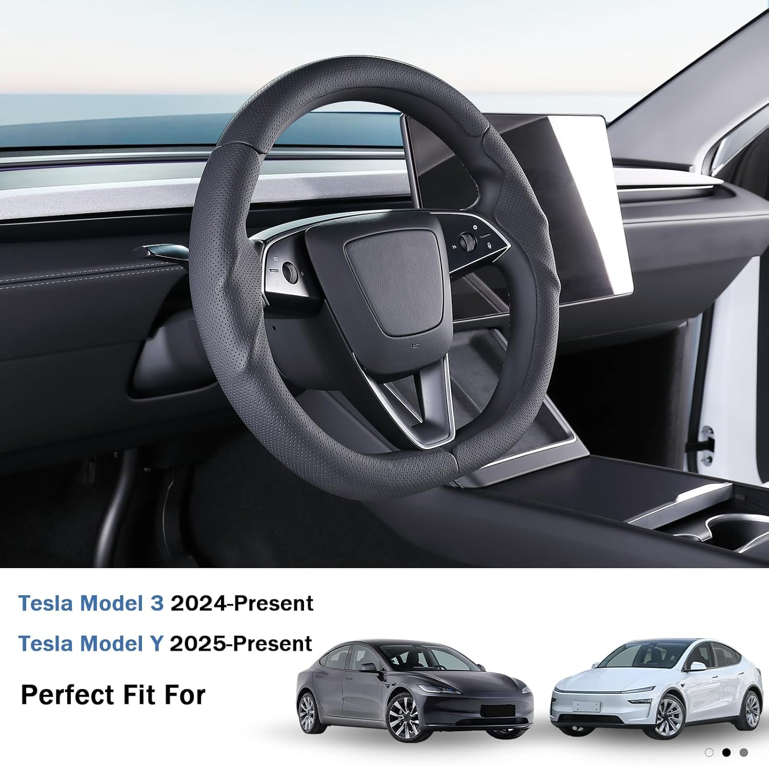 Steering Wheel Cover for Tesla Model 3 2024-Present Highland/Tesla Model Y Juniper 2025-Present, Leather Steering Wheel Cover for Tesla Model 3 Highland/Y Juniper Accessories, Black image number 4