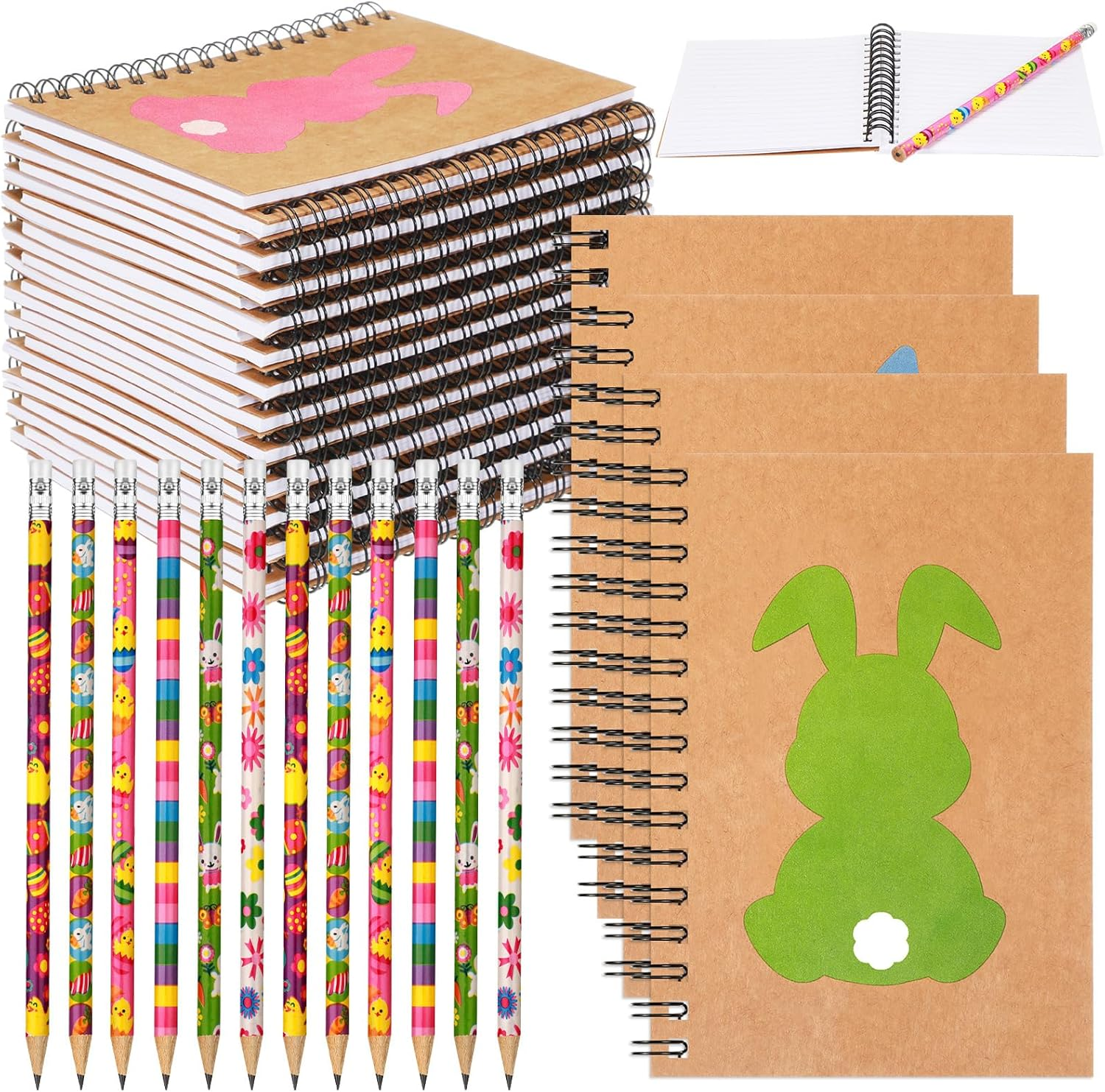 Mooliwe 48 Pcs Easter Pencils and Notepads Set 24 Pcs A6 Easter Bunnies Spiral Journal Notebook 24 Pcs Assorted Colorful Pencils with Eraser for Kids School Classroom Gift Exchange Supplies (Cute) image number 3