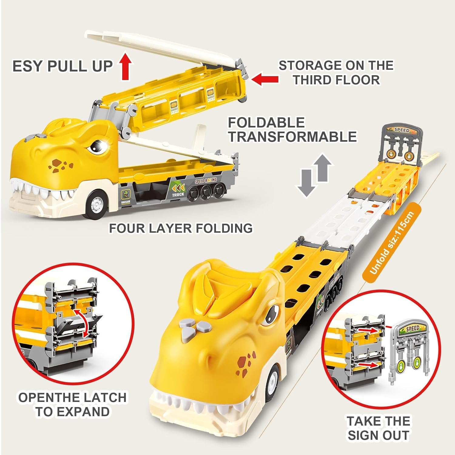 Dinosaur Truck Toys for Kids 3-5 Years,With 6 Dinosaur Car Vehicle (Random),1 Toy Tyrannosaurus Dinosaur Transport Carrier Truck,Race Track Playset with Lights Sounds,Kids Gifts image number 2