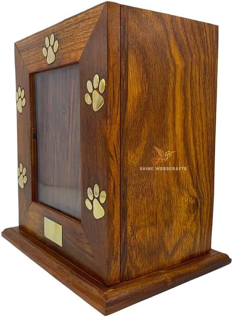 Wooden Urn Box with Brass Paw Accent/Brass Paws Inlaid Cremation Urns for Ashes | Photo Frame Rosewood Pet Urns for Dogs - Keepsake Your Memories Alive with Wooden Keepsake Box
