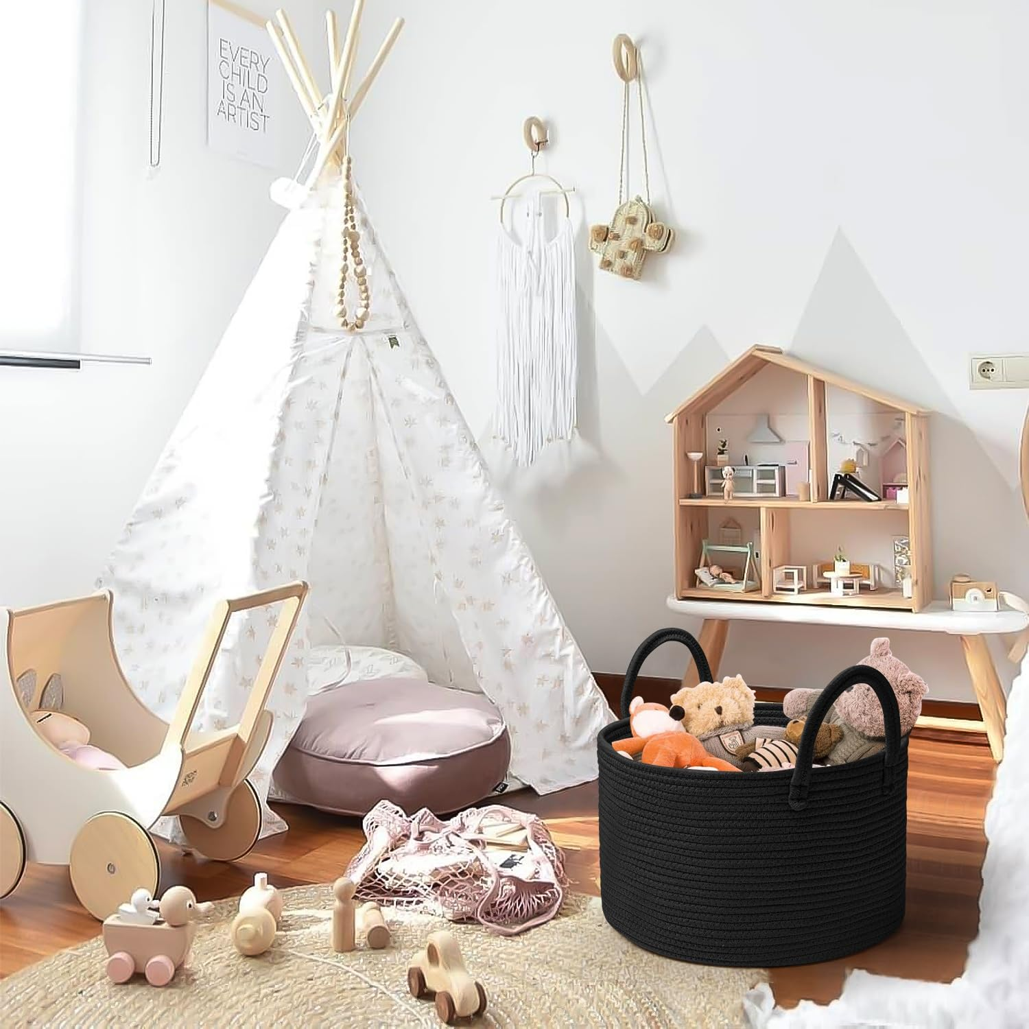 Woven Cotton Rope Laundry Basket 40 X 25Cm Woven Clothes Storage Basket 32L Decorative Cotton Rope Blanket Basket Collapsible Laundry Hamper with Handle, for Laundry Room(Black)