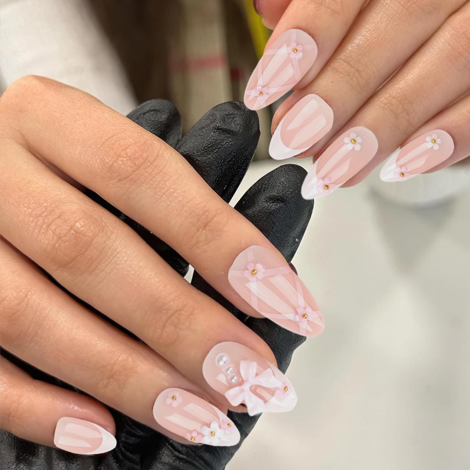 24 Pieces Press on Nails False Nails French Tip Fake Nails Glue on Nails Full Cover Oval Glue on Nails for Women Girls Nail Art Accessories (Style 2) image number 6