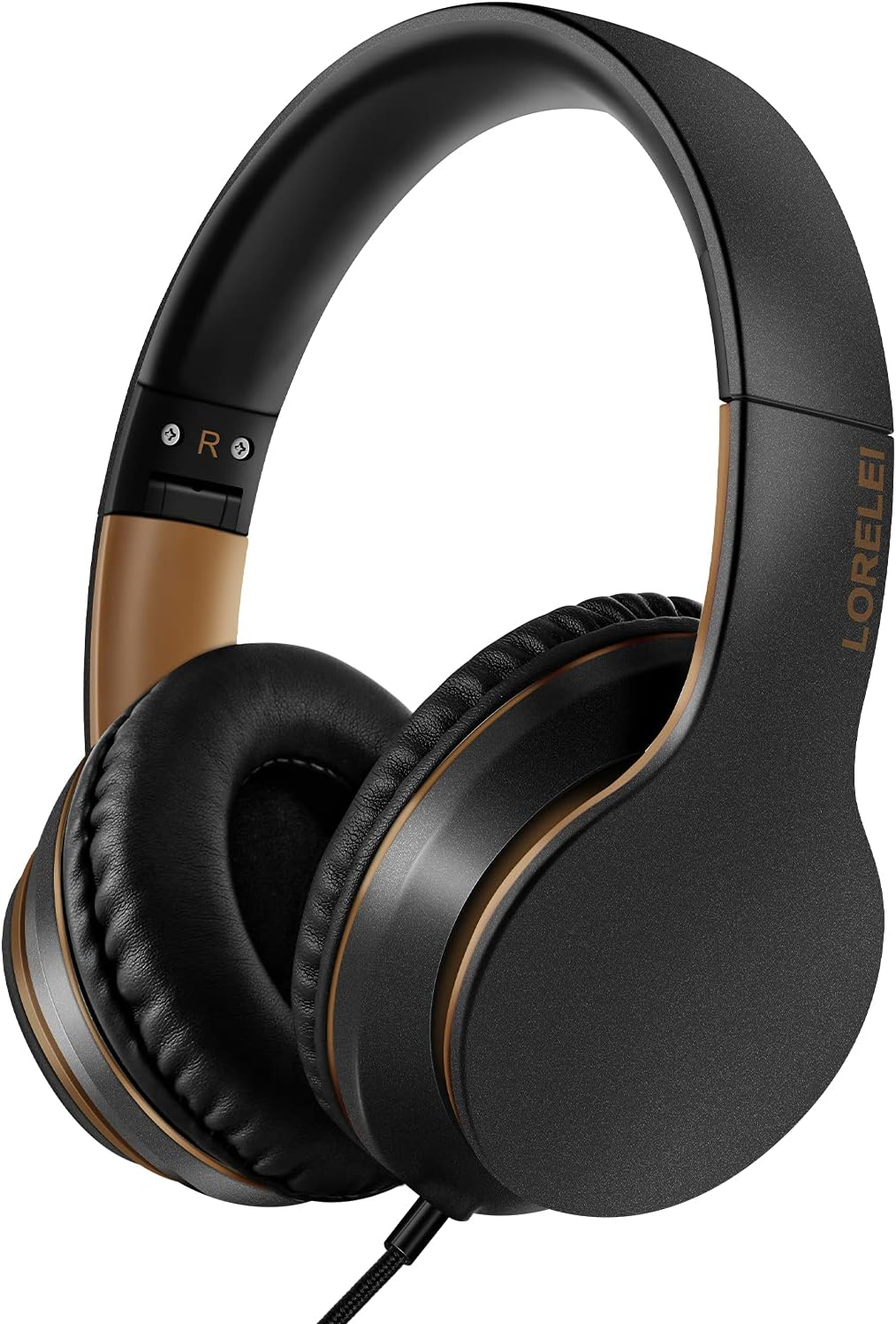 LORELEI X6 Over-Ear Headphones with Microphone, Lightweight Foldable & Portable Stereo Bass Headphones with 1.45M No-Tangle, Wired Headphones for Smartphone Tablet MP3 / 4 (Black-Gold) image number 1