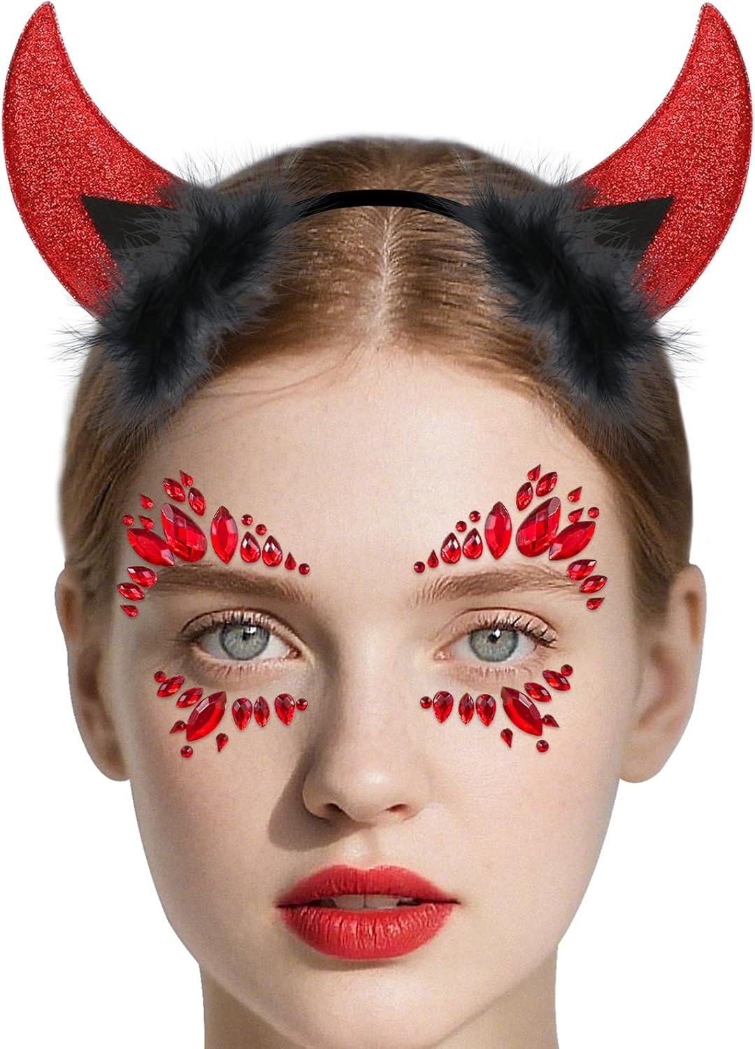 NHTJTHE Devil Horns Headband with Glitter Stones Face, 1 Piece Red Devil Horn Hair Band + 1 Piece Red Shiny Face, Face Tattoo Halloween Cosplay Festivals Birthday Parties image number 4