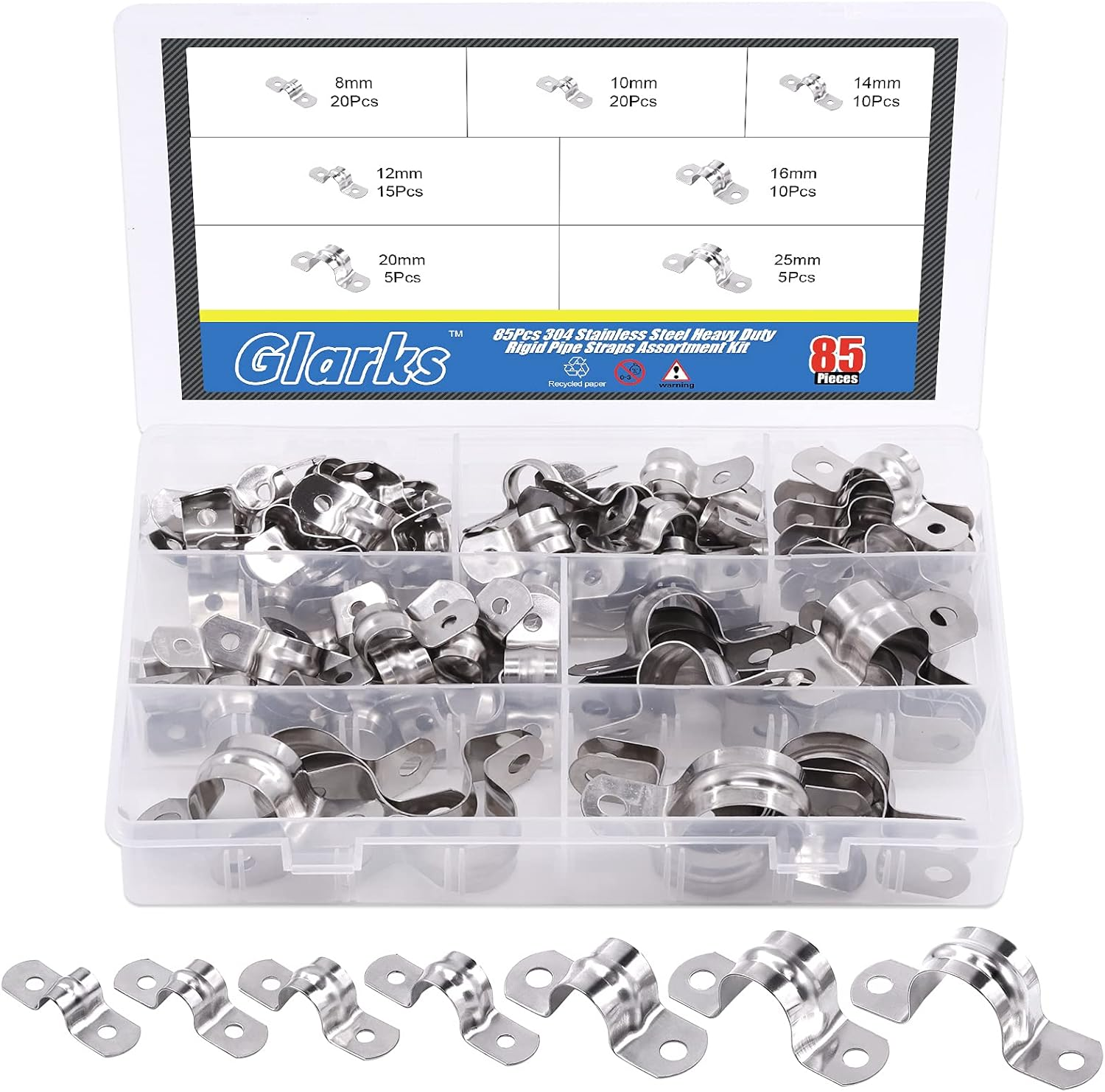 Glarks 85Pcs Pipe Strap Clamp Set M8 M10 M12 M14 M16 M20 M25 304 Stainless Steel Two Hole Strap Heavy Duty Rigid Pipe Strap U Bracket Tube Strap Assortment Kit for Pipe Tube Fixing image number 6