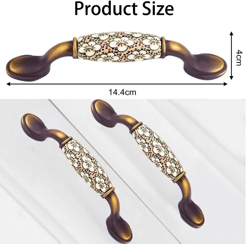 Vulevirtue Pack of 2 Vintage Floral Pattern Cabinet Handles, Floral Pattern Door Handles, Ceramic Cabinet Handles, Cupboard Drawer Push Handle with Screws, for Kitchen Drawer Cupboards Door (144 X 40 image number 1