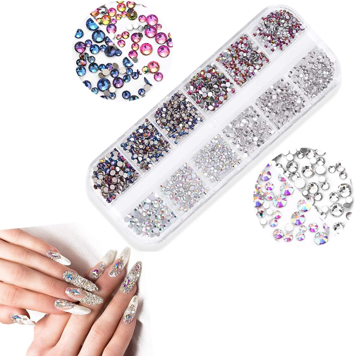 GBSTORE Nail Art Crystal Rhinestones,3D AB Glass Rhinestones, Nail Art Studs Nail Sequins for DIY Nails Art Clothes Shoes Crafts Decorations, Mixed Size and Colors,Approx1440-2080Pcs (Silver)