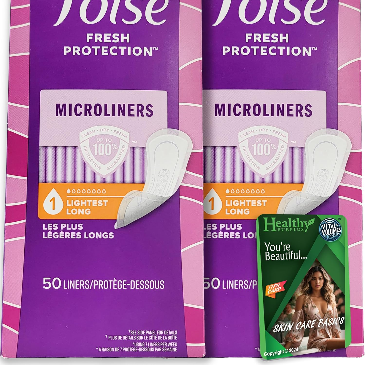 Poise Microliners, Longest Length - Incontinence 1 Drop Lightest Absorbency, 50 Count (2 Pack - Total of 100 Liners) and Vital Volumes Tips Card image number 2