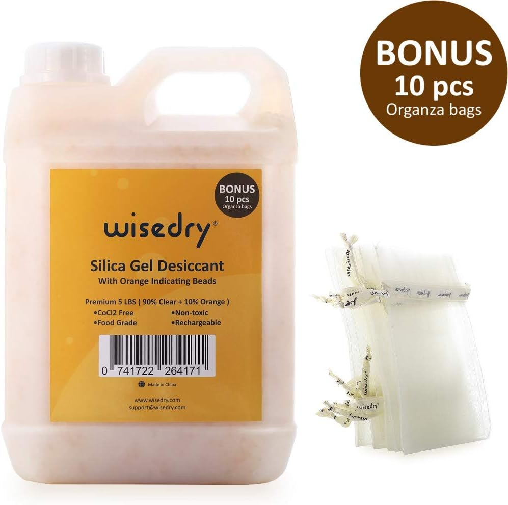 Wisedry [ 5 LBS ] Silica Gel Beads Reusable Color Indicating Rechargeable Desiccant Bulk with 10 Pcs Organza Drawstring Bags image number 2