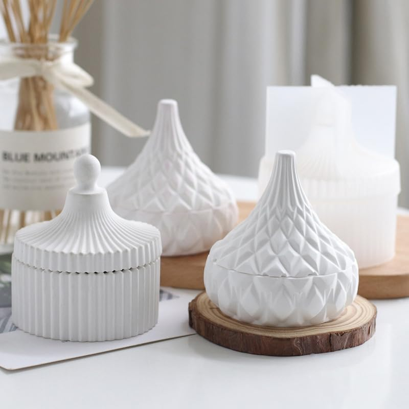 Storage Box with Lids, Silicone Candle Jar Molds Set, Creative Vessels Pot Molds, Concrete round Stripe with Cover Bottle Making Moulds for Holder (I) image number 5
