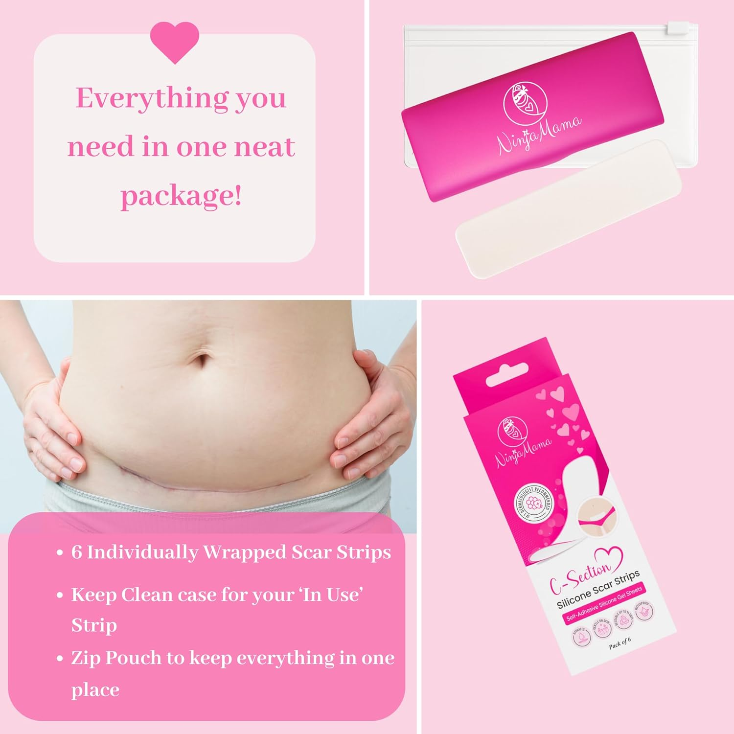 Ninja Mama Pack of 6 C-Section Silicone Scar Strips. C Section Recovery Must Have Transparent Scar Patches, 20Cm X 5Cm Reusable for C-Section. Includes Keep Clean Case & Pouch image number 2
