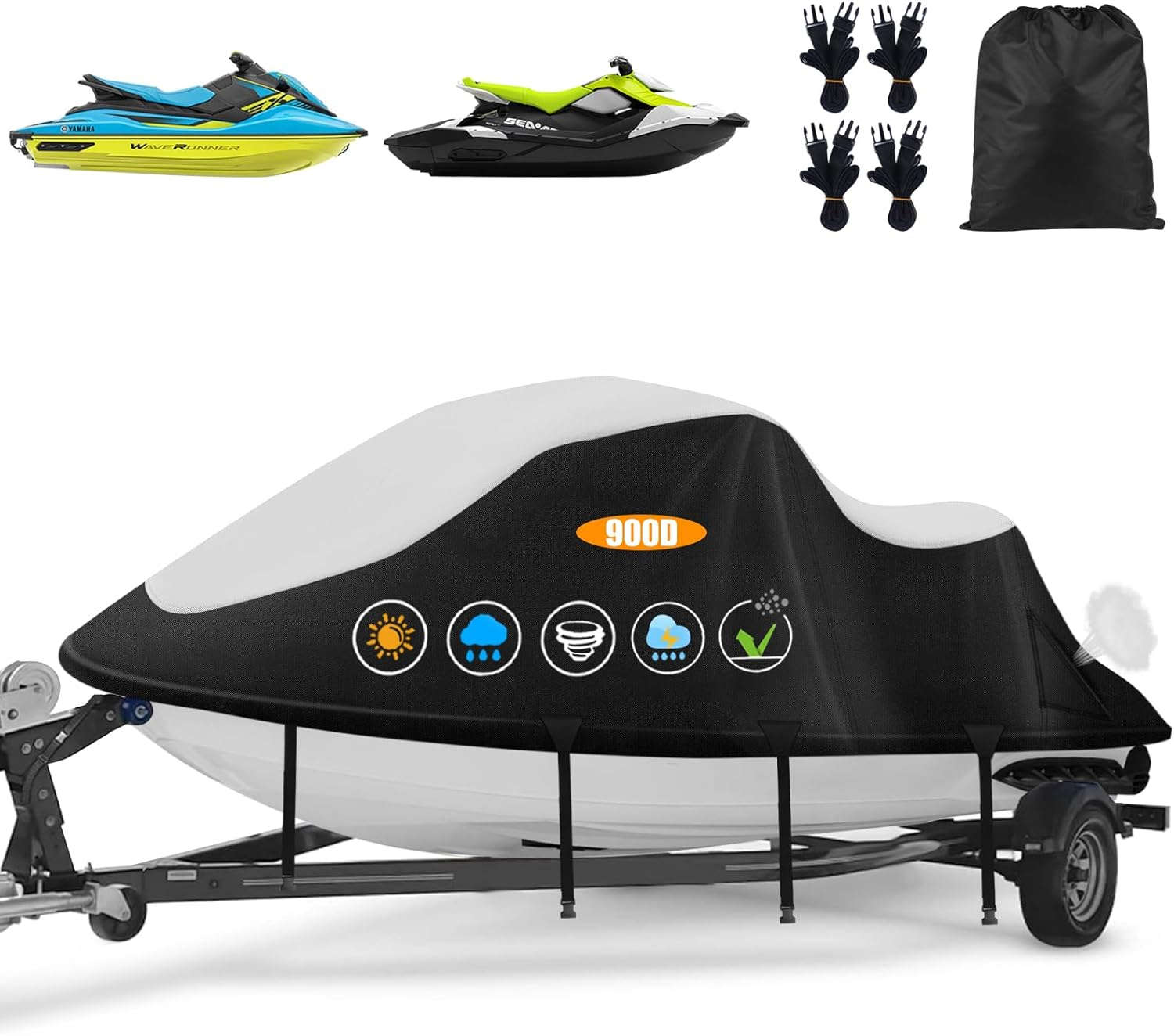 Jet Ski Covers,Upgraded 900D Waverunner Cover Waterproof,Durable Jet Ski Cover 3 Seater with 2 Air Vents，4 Windproof Buckles，Easy on Universal Cover for Seadoo Spark(Silver-Black, XXL:121"-135")