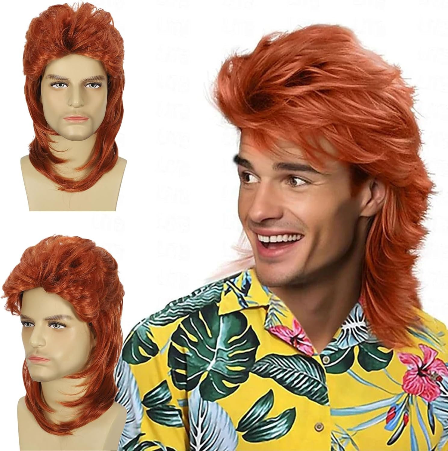 FOUNSHO Red Mullet Wig for Men, Men'S Long Curly Wig, 70S Rocker Fancy Dress Wigs for Adult, Men'S 80S 90S Wigs for Pop Rock Star Costumes Carnival Halloween Party (Red)