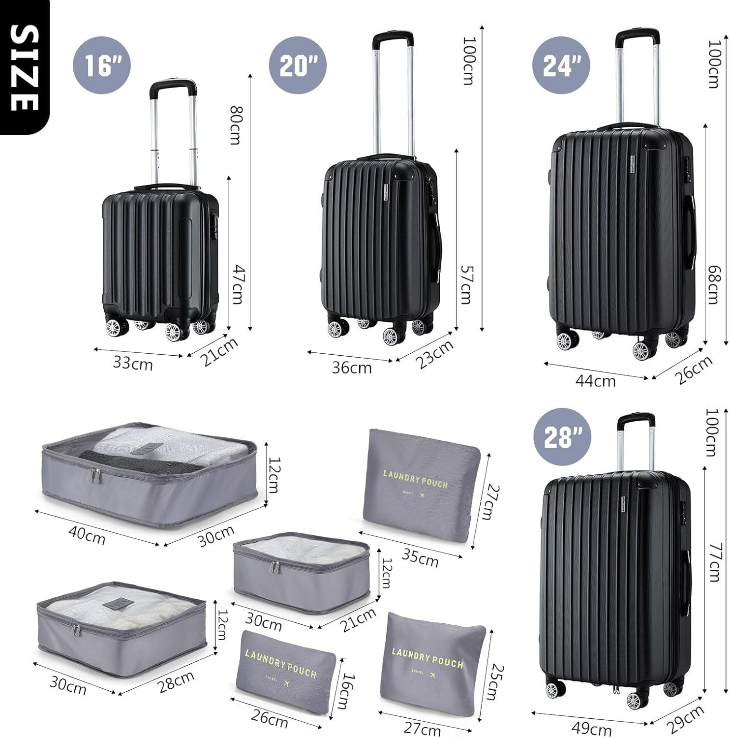 4 Piece Luggage Set Carry on Suitcase Lightweight Traveller Bag ABS Hard Shell Black - Black image number 2
