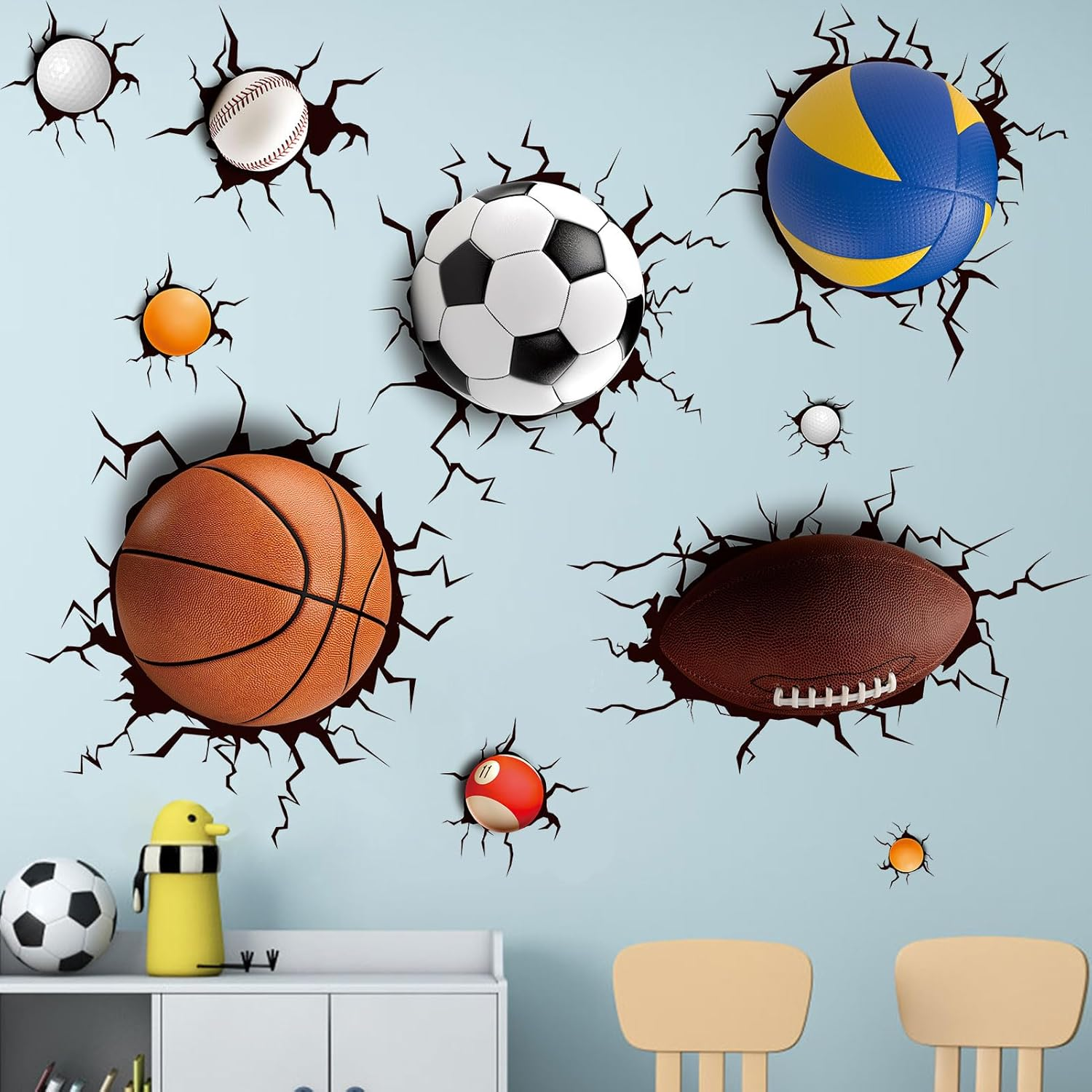 Amimagen Basketball Football through the Wall Sports Wall Decals - Kids Baby Boys Wall Stickers - Nursery Playroom Classroom Daycare Game Room Bedroom Home Wall Decor image number 1