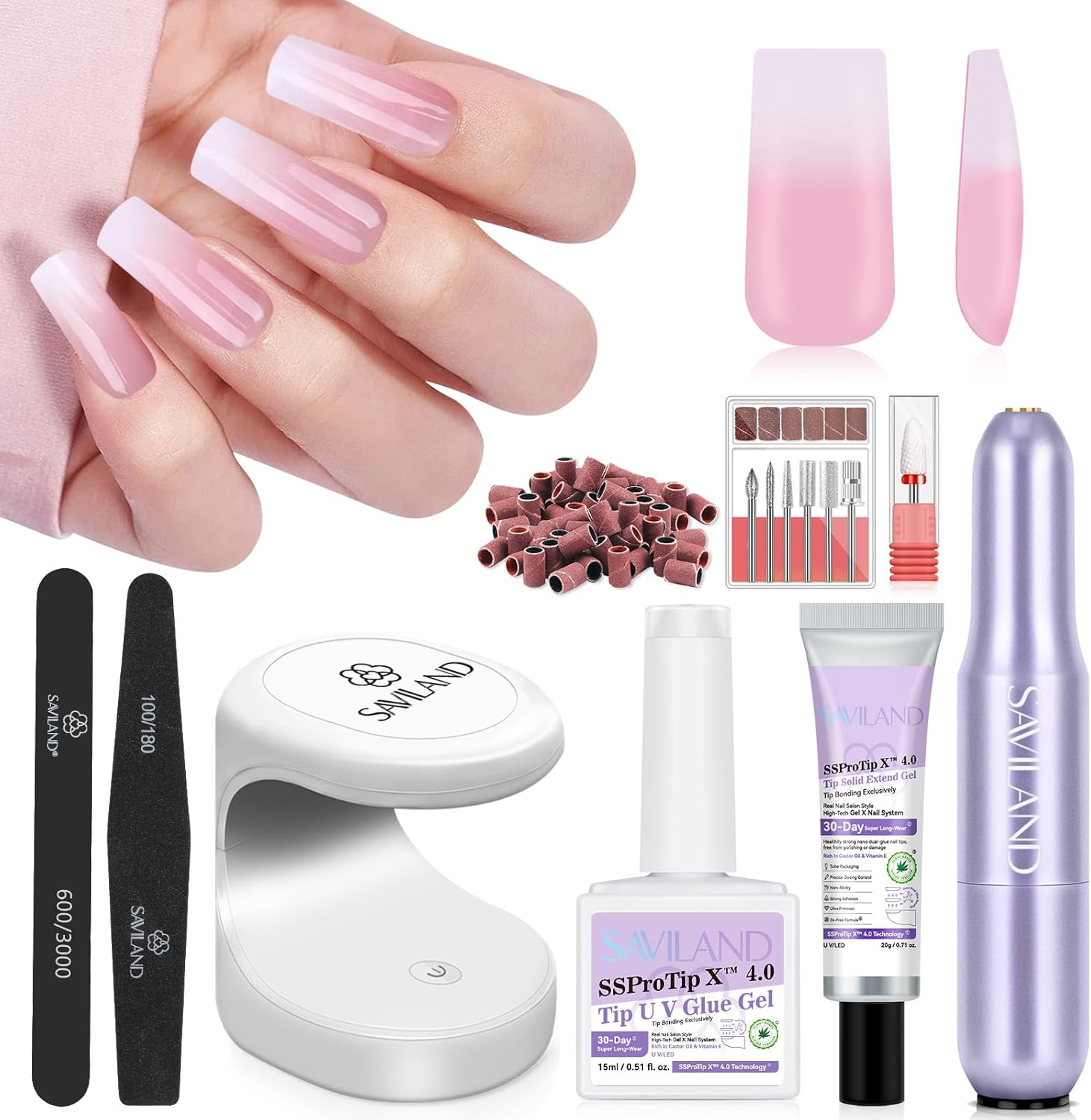 SAVILAND Nail Tips Kit with U V Light: 4X Soft Gel X Nails Long Square White Pink Ombre 256 Pcs Full Cover Gel Nail Tips VE & Castor Oil Gel Nail Glue Portable LED Lamp Nail Drill Kit Home Manicure image number 6