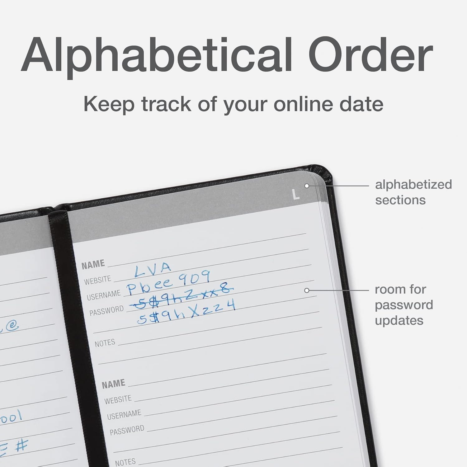 Oxford Password Book, Black Hardcover Journal, Username and Password Organizer, Small 3.5" X 5.5" Size, Internet, Wifi, Software Login Tracker (71010) image number 6