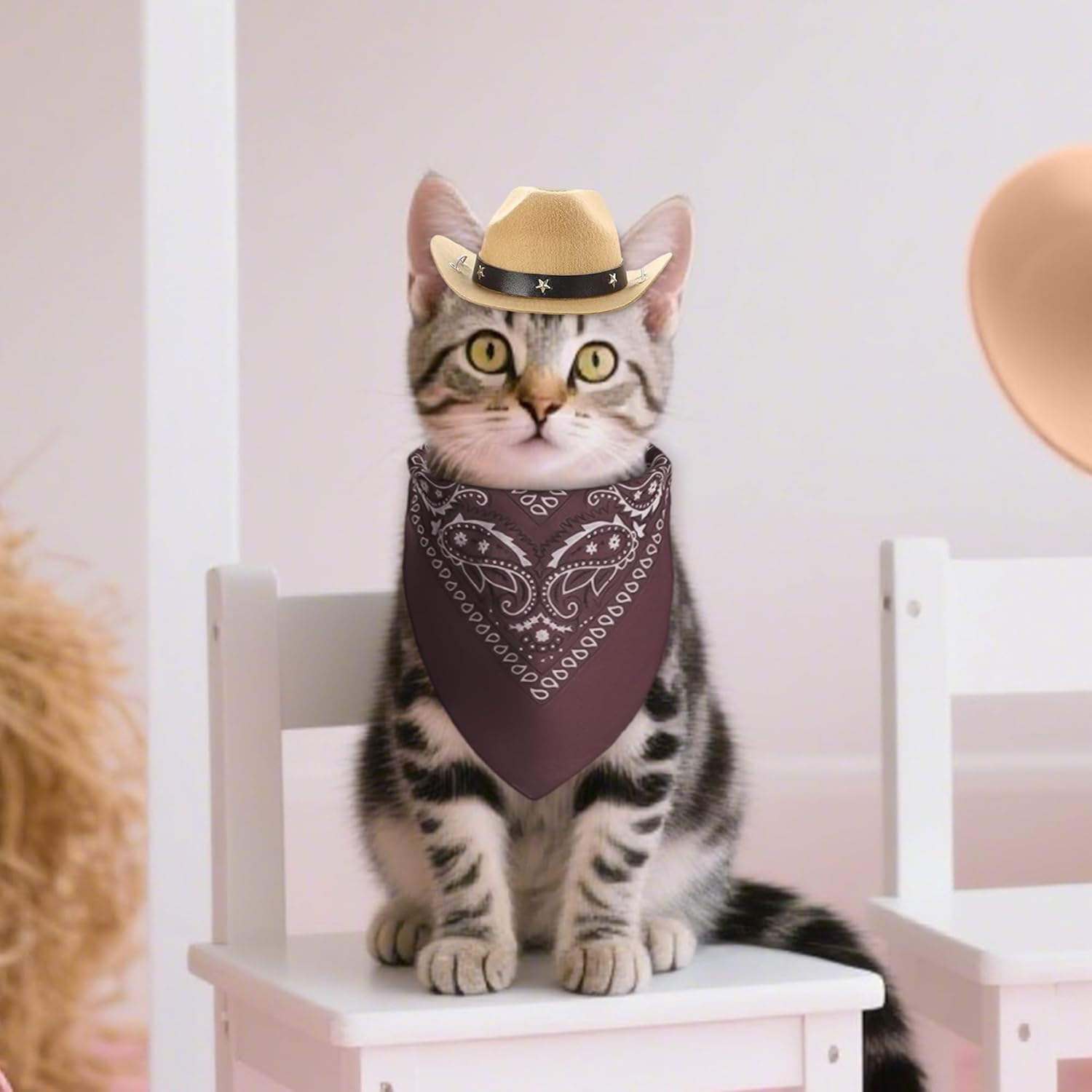 Laventy Cowboy Hat for Cats Brown Bandana Mini Pet Cowboy Costume for Halloween Party Decoration