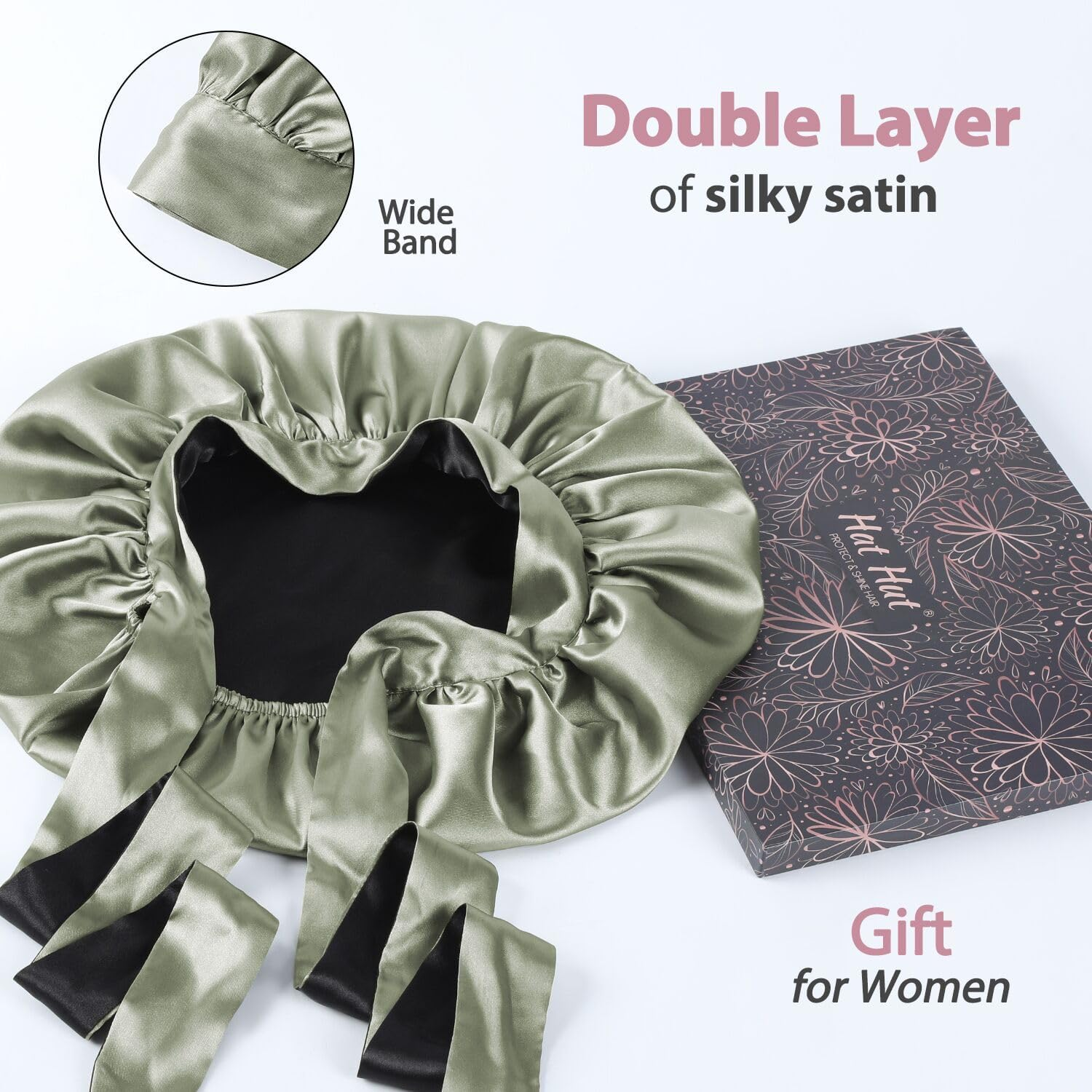 Hat Hut Satin Silk Bonnet for Sleeping Hair Wrap for Curly Hair Women Reversible Bonnet with Tie Band - Champagne/ Black image number 2