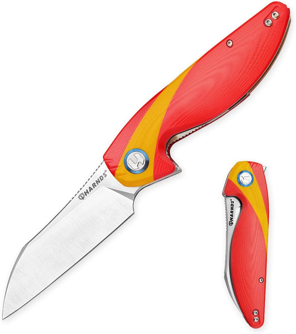 Harnds Parrot Premium Folding Knife with Sandvik 14C28N Blade 3.58" and G10 Handle with Clip, for EDC Outdoor Camping Hunting (Red & Yellow) image number 6