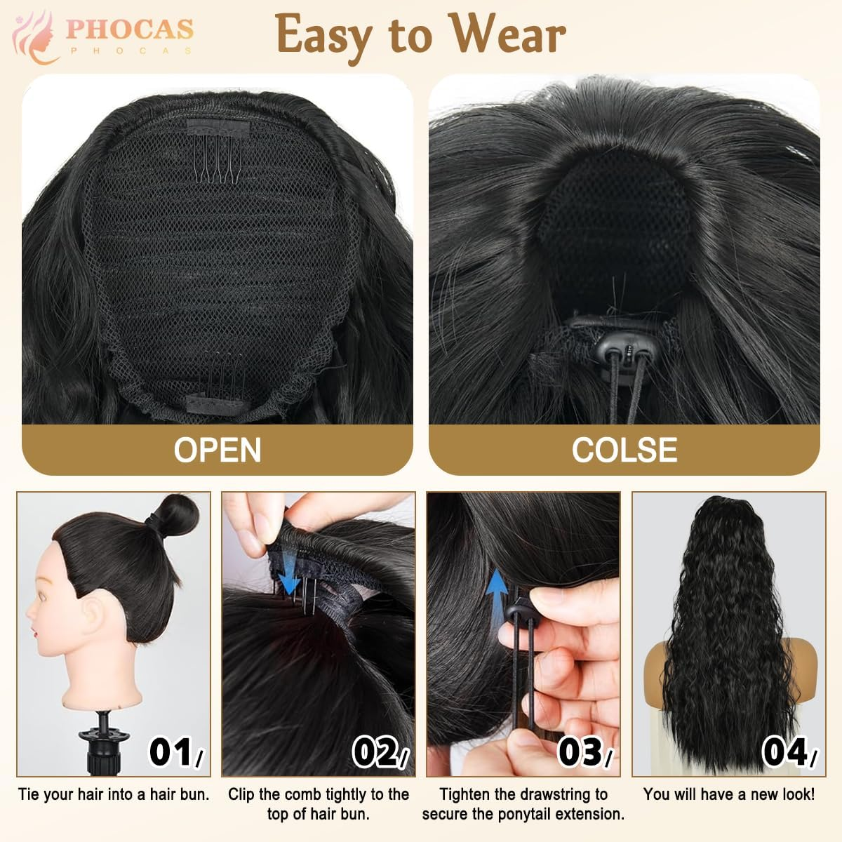 PHOCAS Drawstring Ponytail Extension,Long Wavy Ponytail Extension Black Synthetic Hairpiece Long Hair Extension for Women Daily Use (24Inch) image number 5