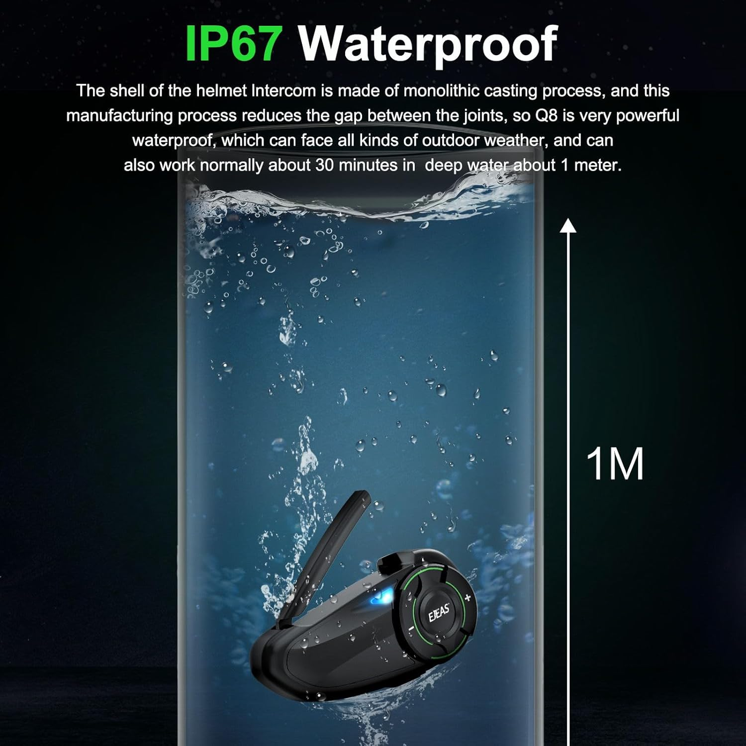 EJEAS Q8 1PC Motorcycle Bluetooth Headset, Upgraded Mesh 3.0 Intercom System with Music Sharing and IP67 Waterproof for 6 Riders Group Talking