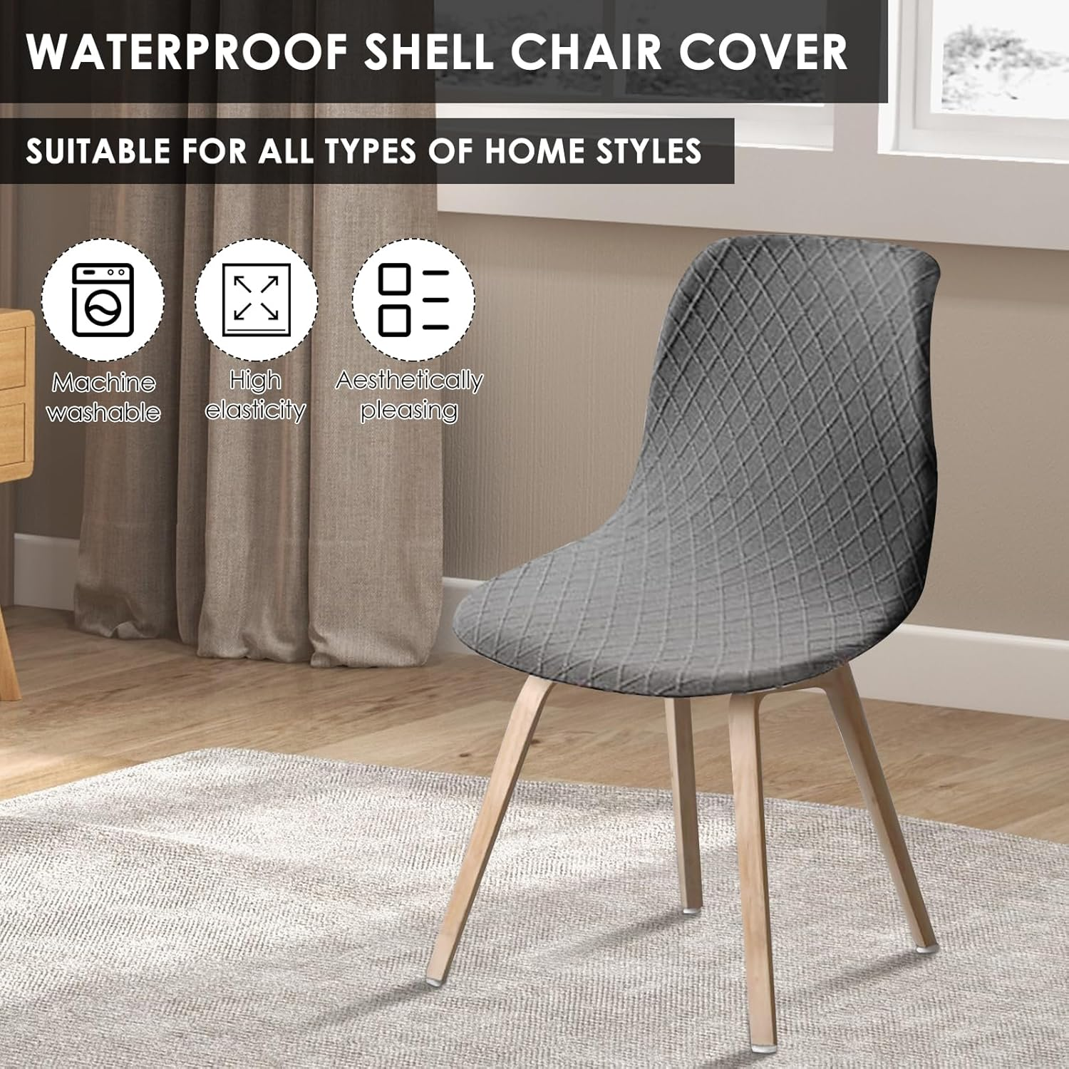 4PCS Dining Room Chair Covers, Minimalist Shell Chair Slipcovers, Elastic round Back Seat Covers, Easy to Install Arm-Less Seat Slipcover Ideal for Living Room Kitchen(Grey) - Navy image number 7