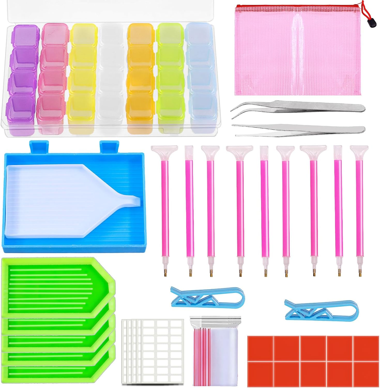 Cimeton 117Pcs 5D Diamond Painting Accessories Includes Diamond Painting Pen, 28 Grids Diamond Embroidery Box, Big Trays, Tweezers, Label Sticker Paper, Clips, Glue Clay and Seal Bag for Art Craft