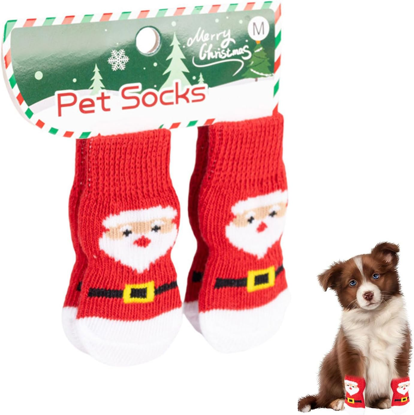 Christmas Non-Slip Socks for Dogs Christmas Socks for Medium Puppies Cats Indoor Non-Slip Dog Socks Santa Soft Elastic Paw Protection Pets Keep Warm, M, Pack of 4 image number 6