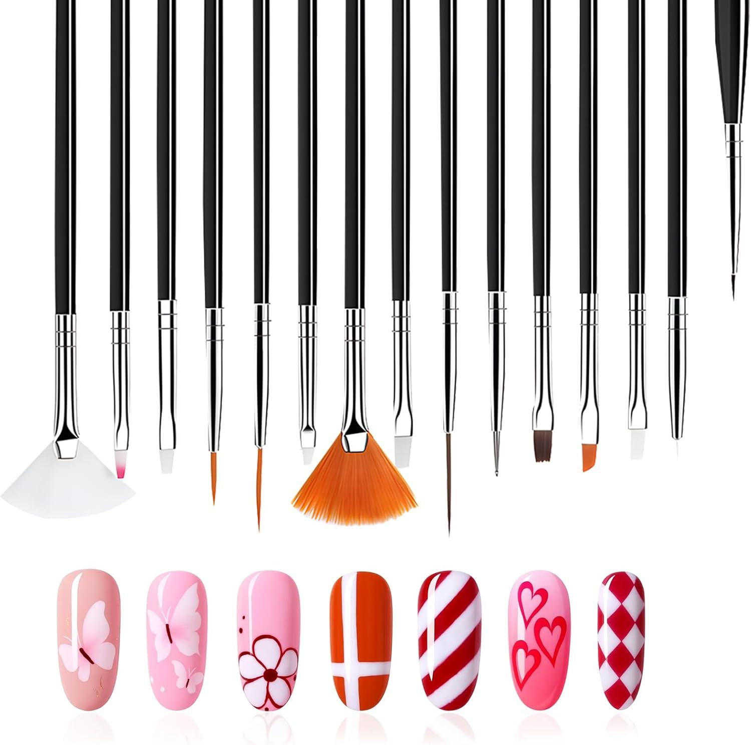 Nail Art Brush Set with 15 Precision Brushes and Blending Palette Black image number 1