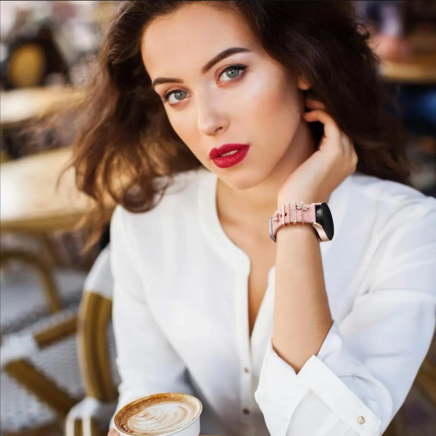 Getino Flower Engraved Band Compatible with Samsung Galaxy Watch 7 Band/Fe 6 5 4 40Mm 44Mm,Galaxy Active 2, 20Mm Watch Band Soft Silicone Replacement Strap with Decorative Charms Accessories Women - Milktea Love image number 2