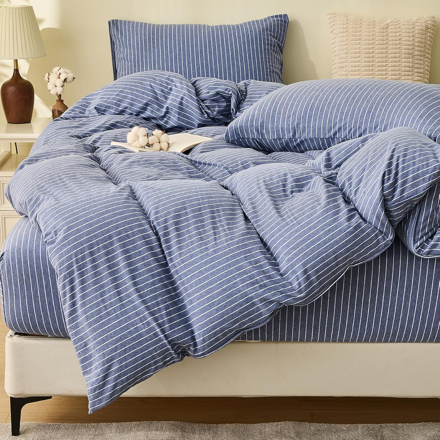 Jersey Cotton Knit Quilt Cover Set 100% Cotton T-Shirt Duvet Cover Set Super Soft Comfy 3Pc Cotton Doona Cover with Zipper Closure (Blue & White Pinstripe, Queen)